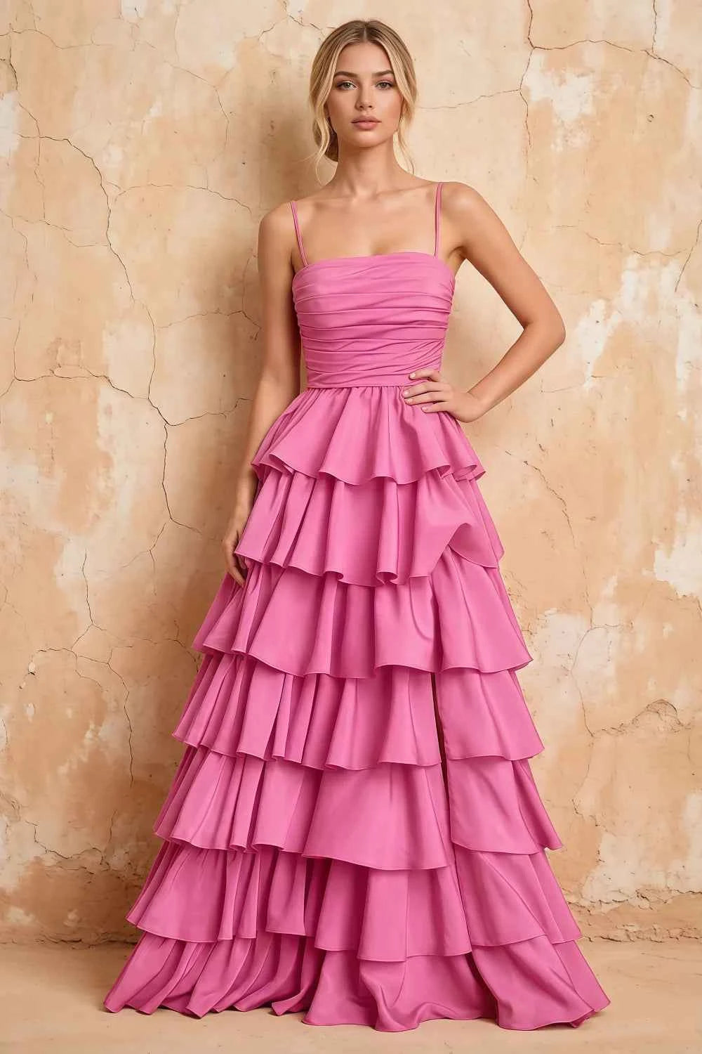 Lena Rose Satin Strapless Tiered Ruffle Maxi Dress