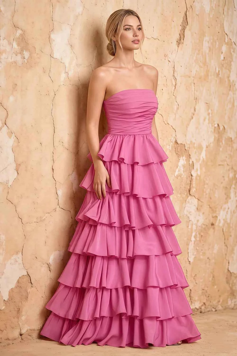 Lena Rose Satin Strapless Tiered Ruffle Maxi Dress