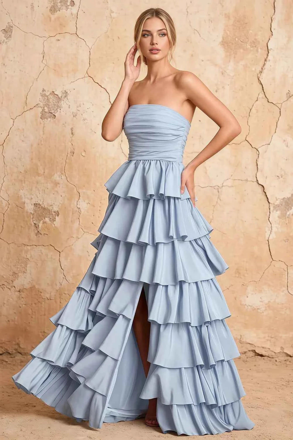 Lena Sky Blue Satin Strapless Tiered Ruffle Maxi Dress