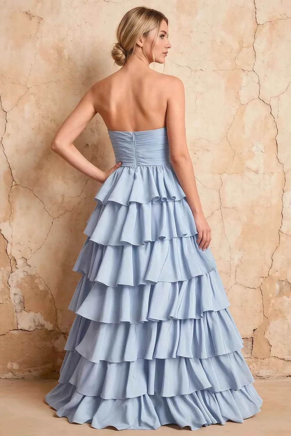 Lena Sky Blue Satin Strapless Tiered Ruffle Maxi Dress