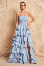 Lena Sky Blue Satin Strapless Tiered Ruffle Maxi Dress