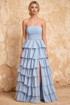 Lena Sky Blue Satin Strapless Tiered Ruffle Maxi Dress