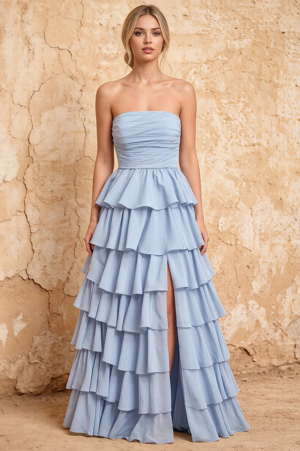 Lena Sky Blue Satin Strapless Tiered Ruffle Maxi Dress