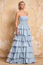 Lena Sky Blue Satin Strapless Tiered Ruffle Maxi Dress