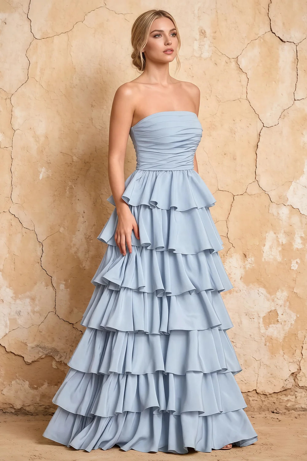 Lena Sky Blue Satin Strapless Tiered Ruffle Maxi Dress