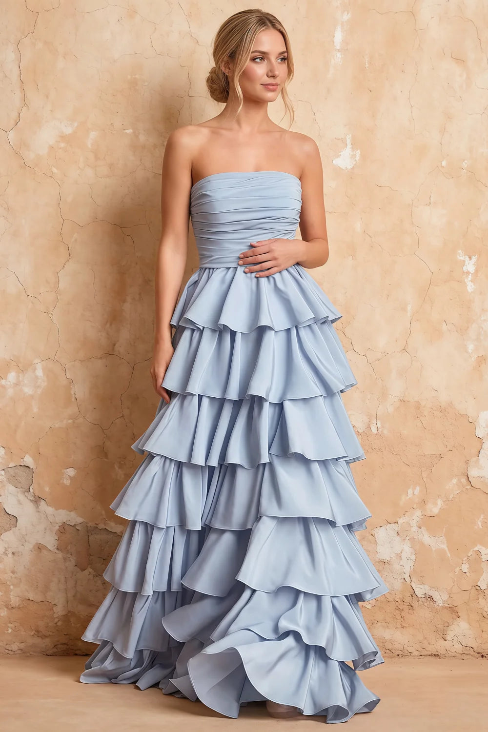 Lena Sky Blue Satin Strapless Tiered Ruffle Maxi Dress