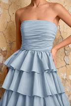 Lena Sky Blue Satin Strapless Tiered Ruffle Maxi Dress