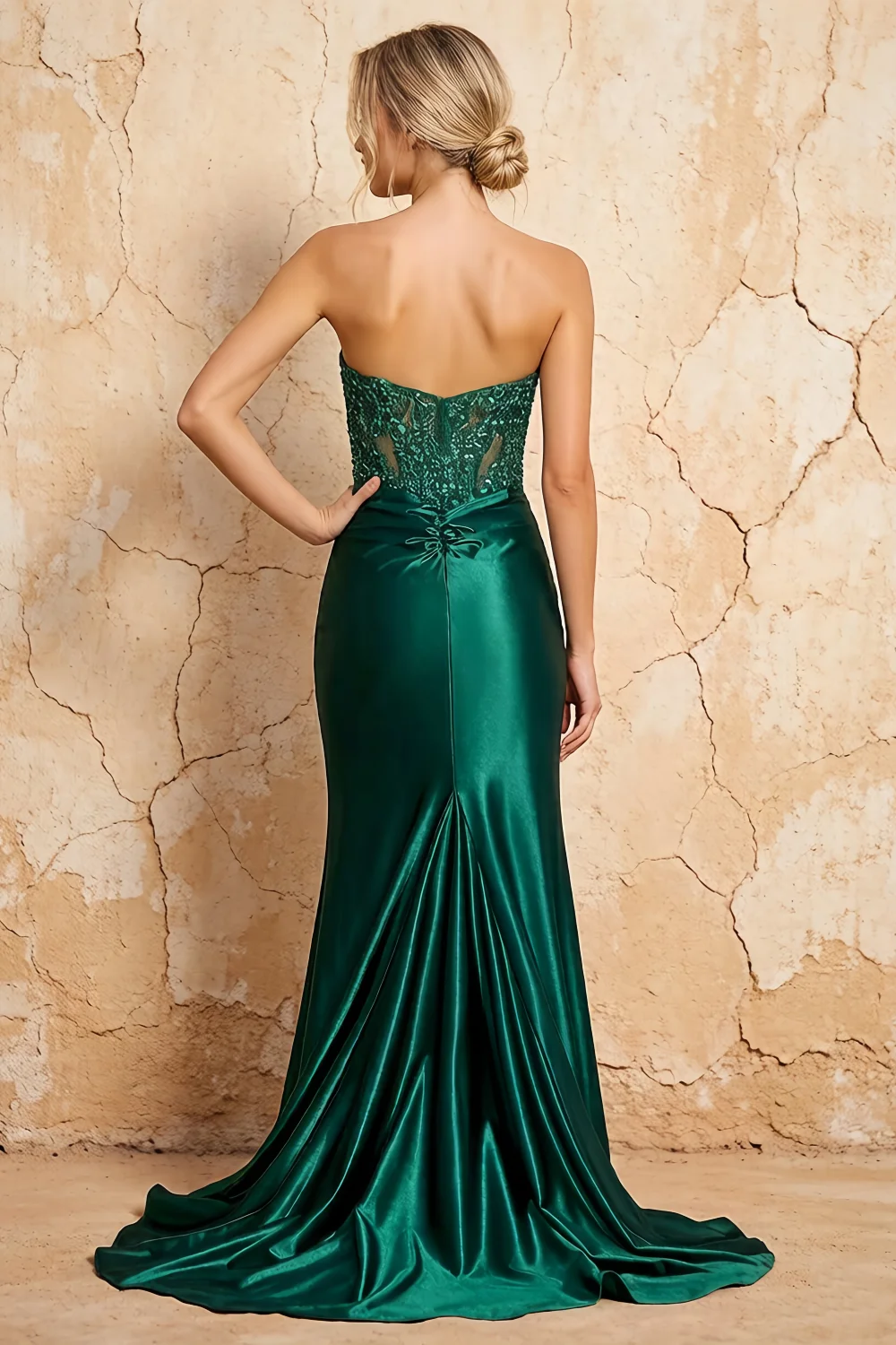 Translation missing: en.Lenore Green sparkly strapless corset maxi dress with flowing skirt and high side slit - product photo 2 content.product_image_secondary