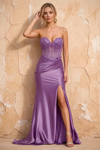 Lenore Purple Sparkly Strapless Corset Maxi Dress