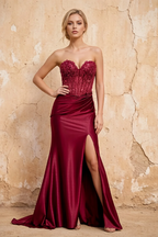 Lenore Red Sparkly Strapless Corset Maxi Dress