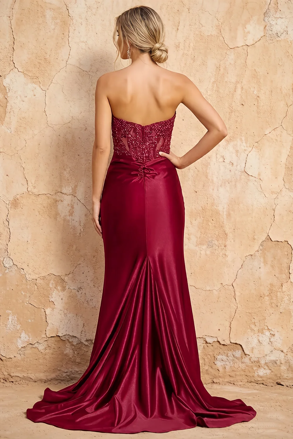 Lenore Red Sparkly Strapless Corset Maxi Dress