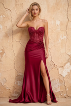 Lenore Red Sparkly Strapless Corset Maxi Dress