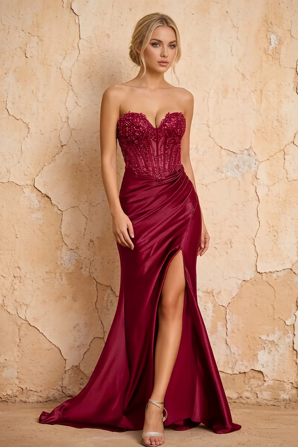 Lenore Red Sparkly Strapless Corset Maxi Dress