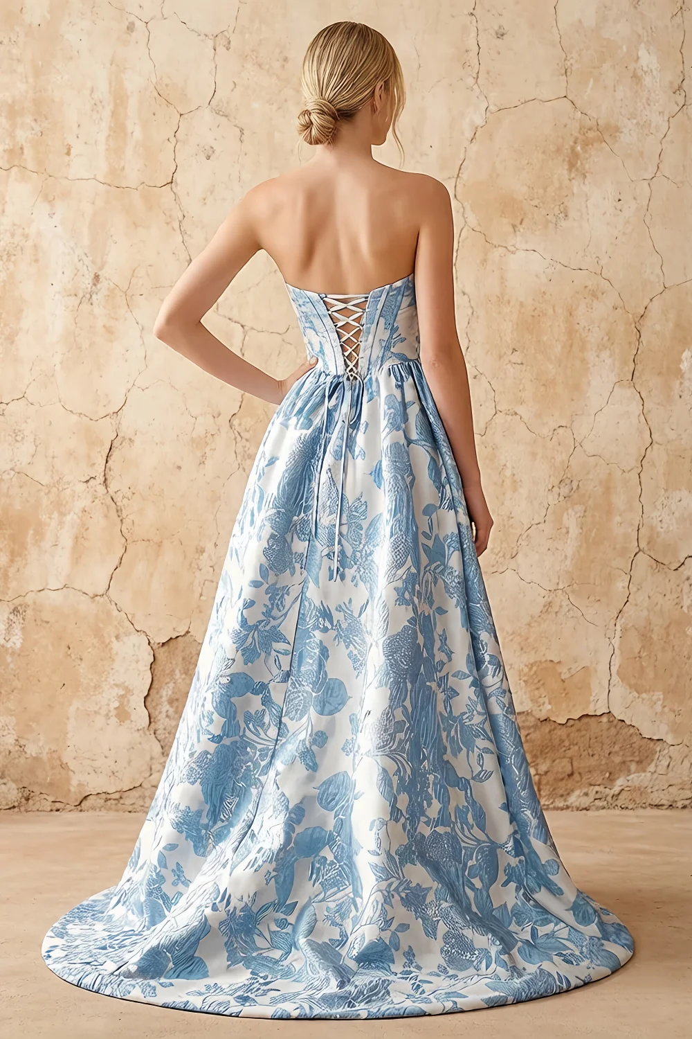 Leslie Blue Floral Jacquard A-line Corset Maxi Dress