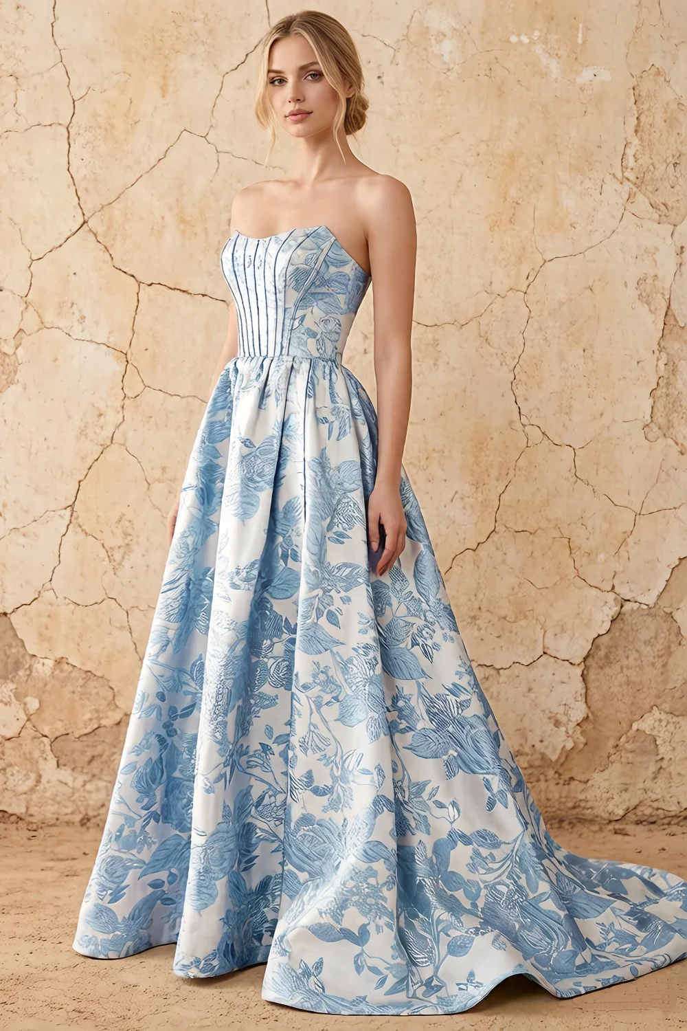 Leslie Blue Floral Jacquard A-line Corset Maxi Dress