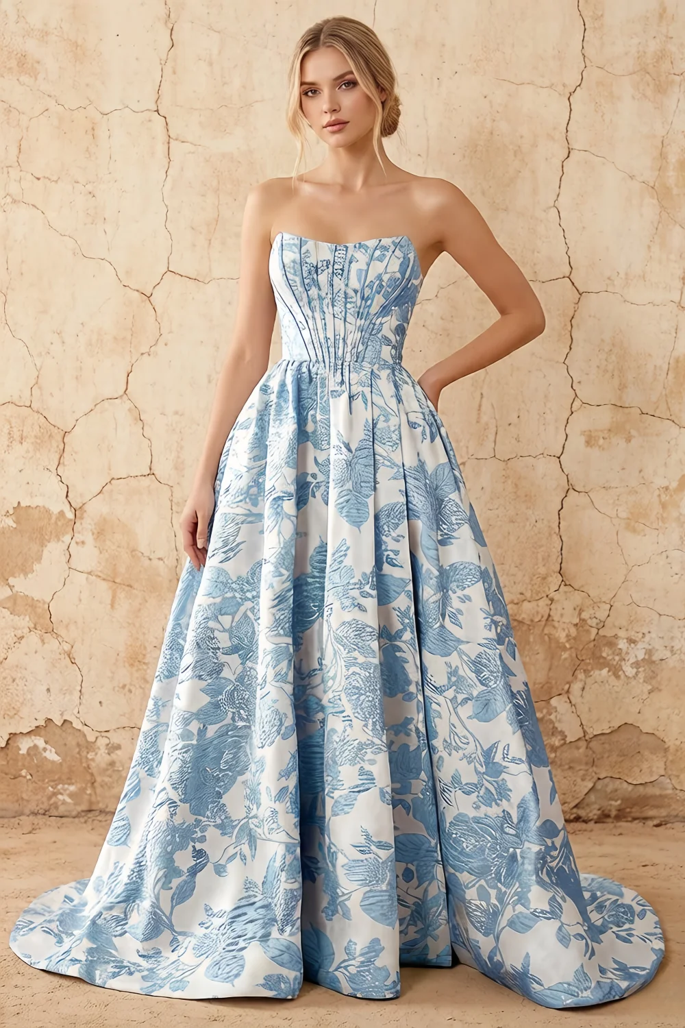 Leslie Blue Floral Jacquard A-line Corset Maxi Dress