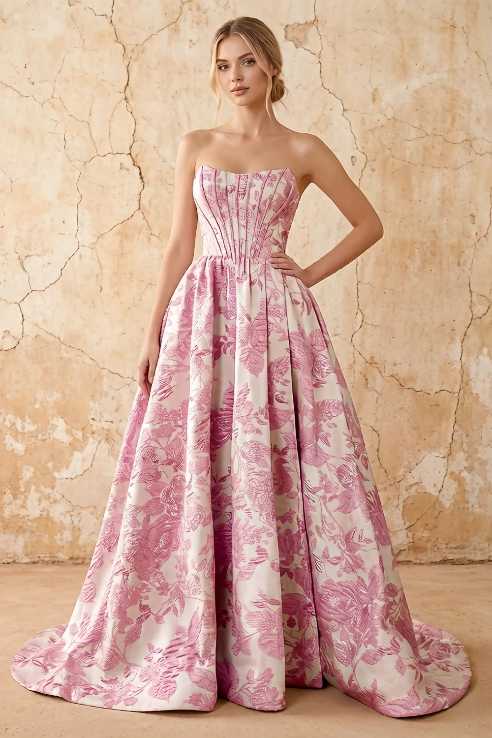 Leslie Pink Floral Jacquard A-line Corset Maxi Dress Main image