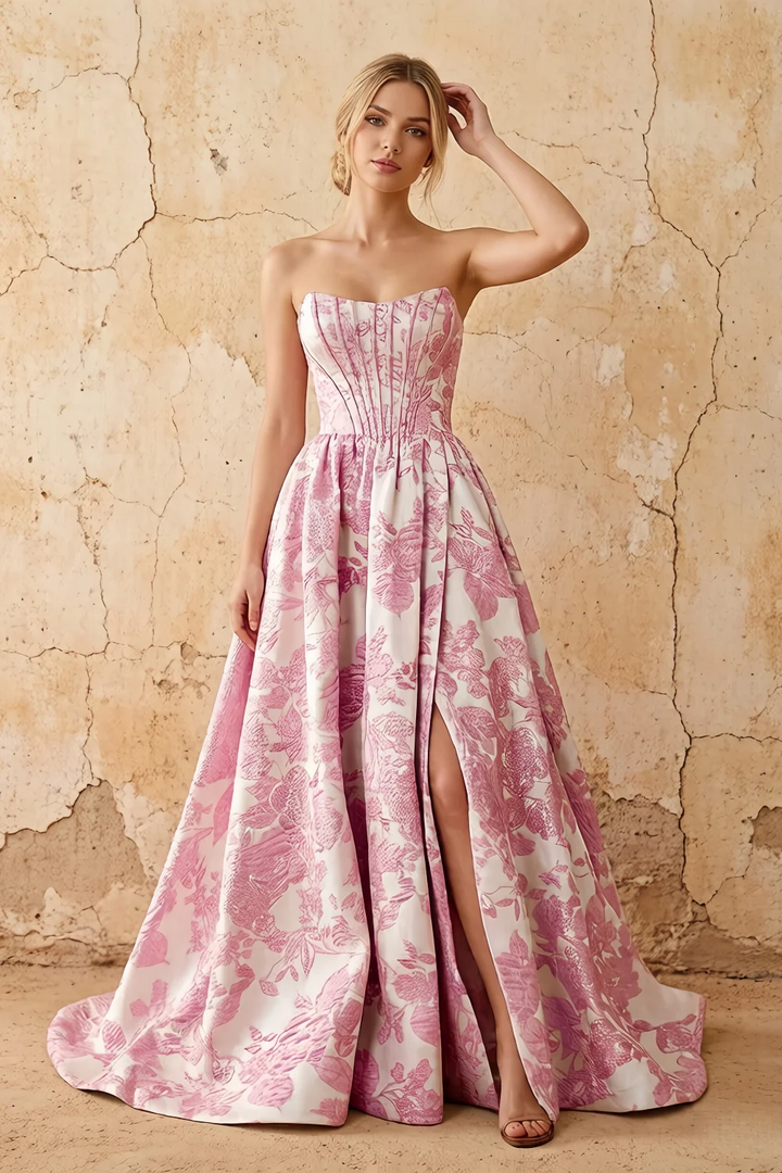 Leslie Pink Floral Jacquard A-Line Corset Maxi Dress