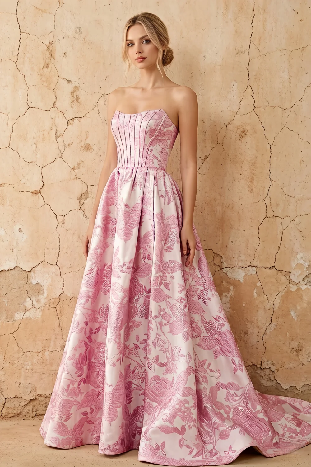 Leslie Pink Floral Jacquard A-line Corset Maxi Dress