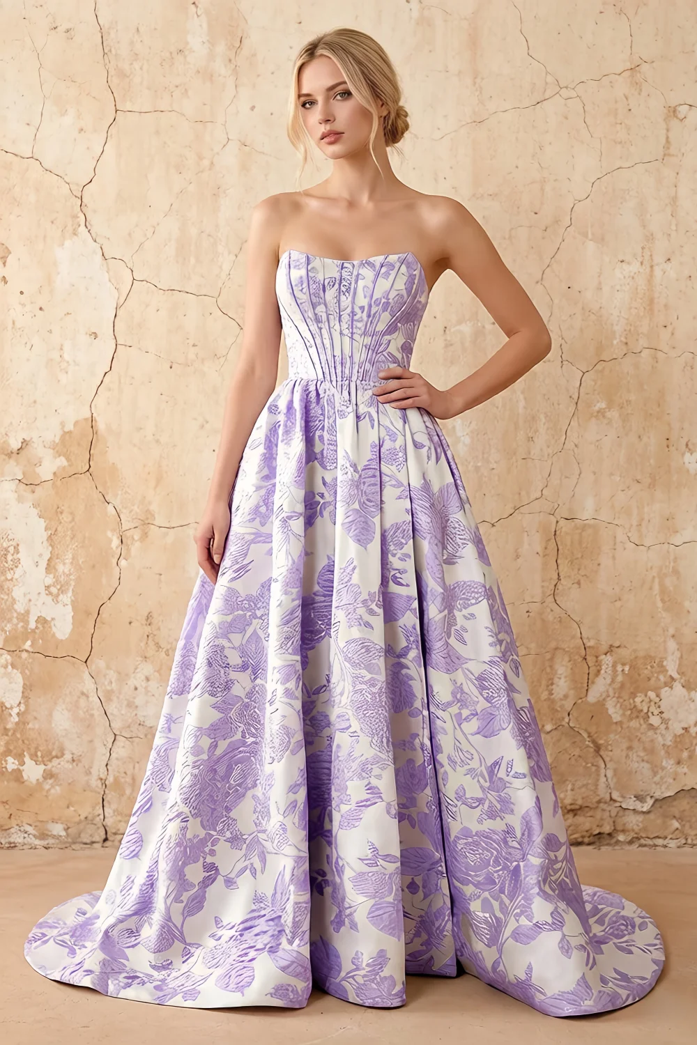 Leslie Purple Floral Jacquard A-line Corset Maxi Dress Main image