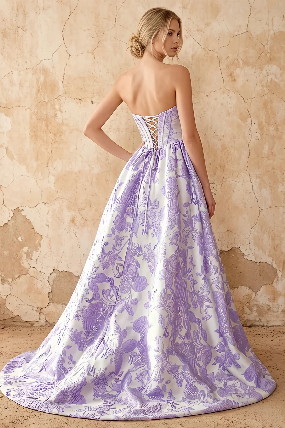 Leslie Purple Floral Jacquard A-line Corset Maxi Dress
