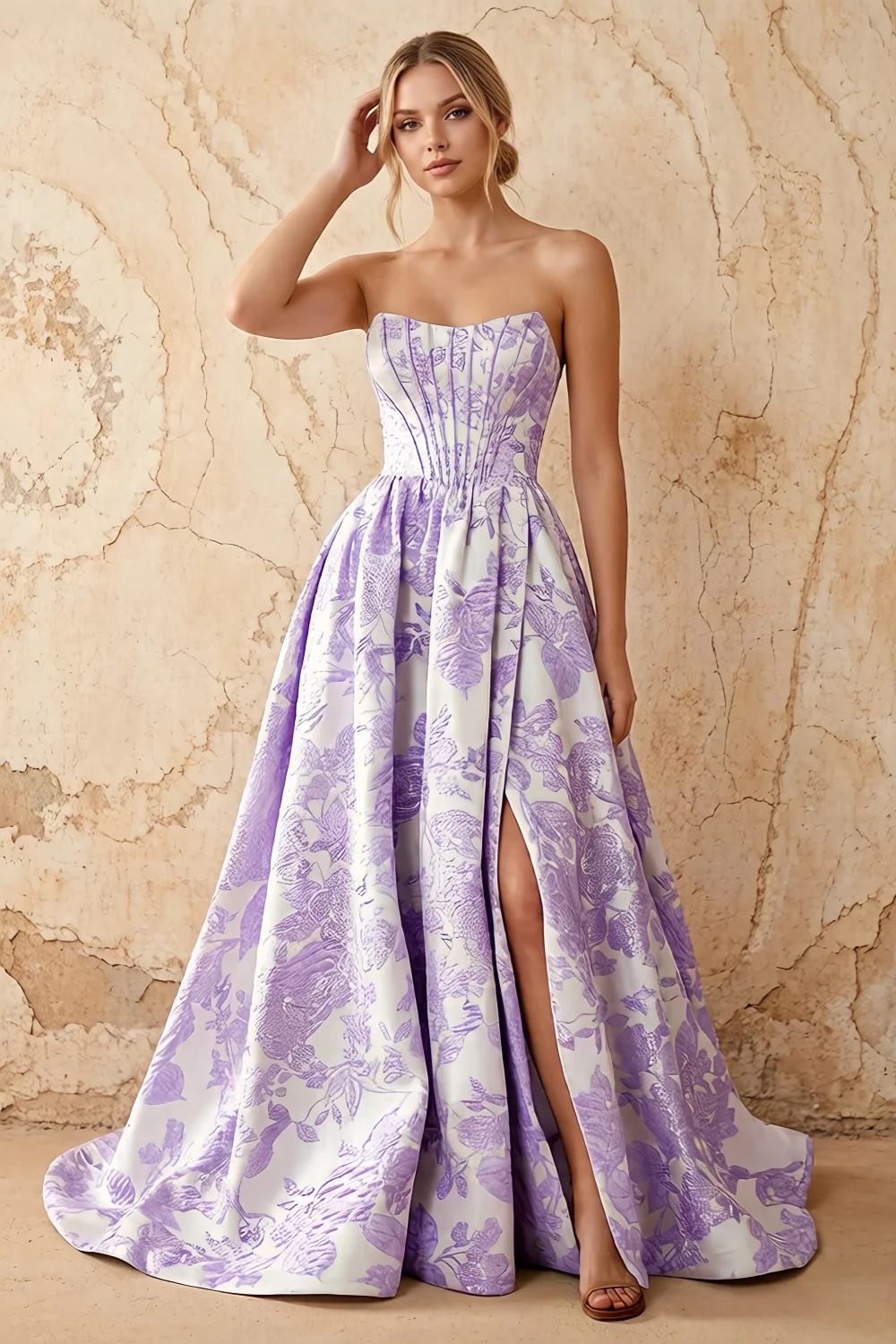 Leslie Purple Floral Jacquard A-line Corset Maxi Dress