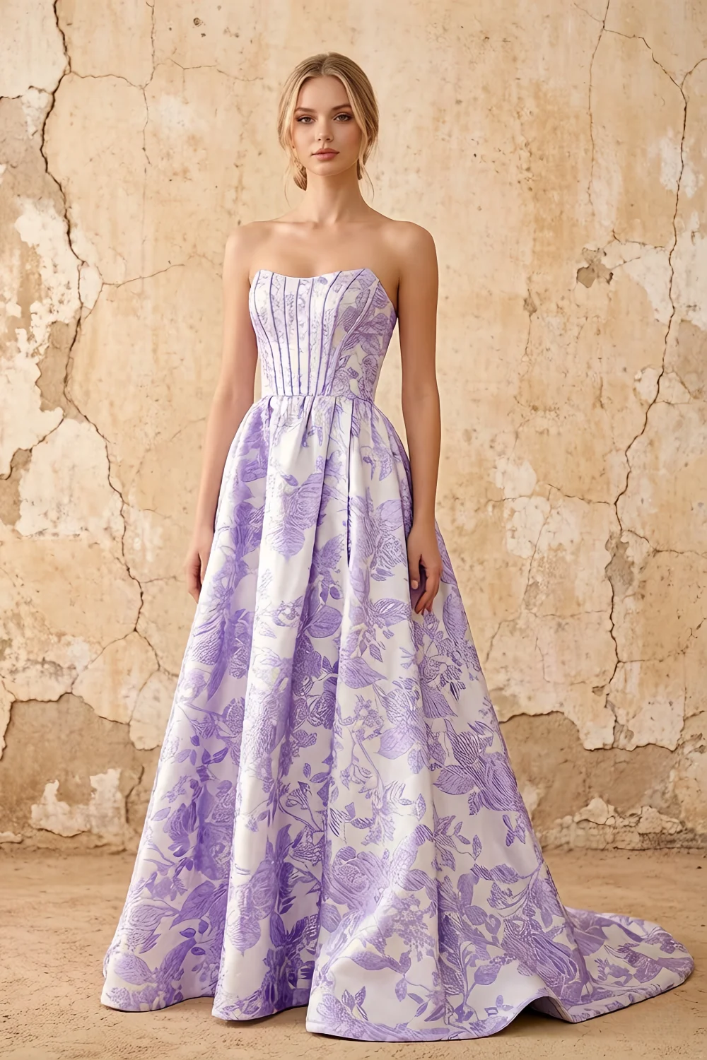 Leslie Purple Floral Jacquard A-line Corset Maxi Dress