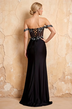 Letitia Black Satin Rhinestones 3d Flower Maxi Dress