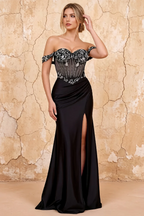 Letitia Black Satin Rhinestones 3d Flower Maxi Dress