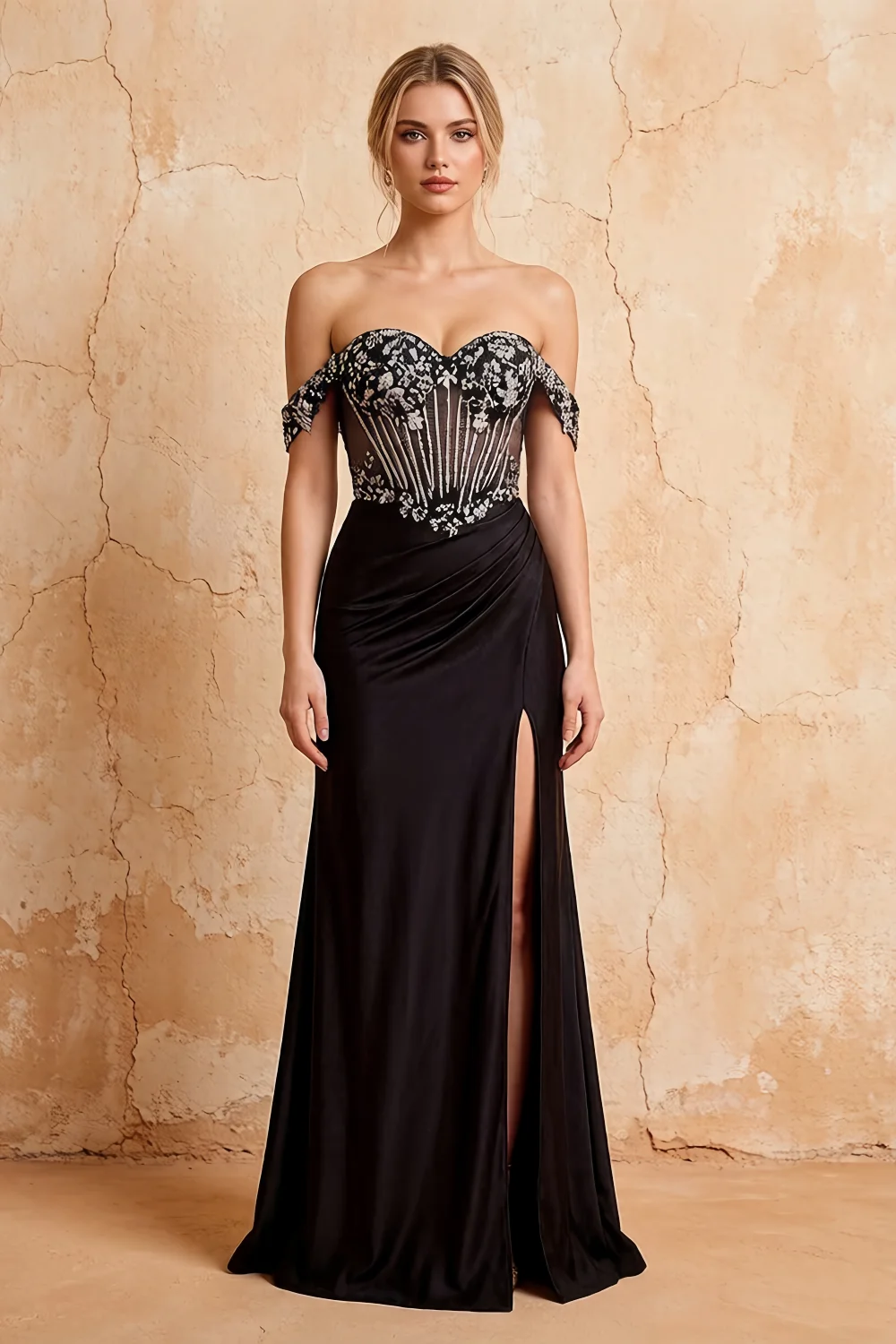 Letitia Black Satin Rhinestones 3d Flower Maxi Dress