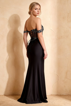 Letitia Black Satin Rhinestones 3d Flower Maxi Dress