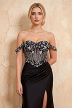 Letitia Black Satin Rhinestones 3d Flower Maxi Dress
