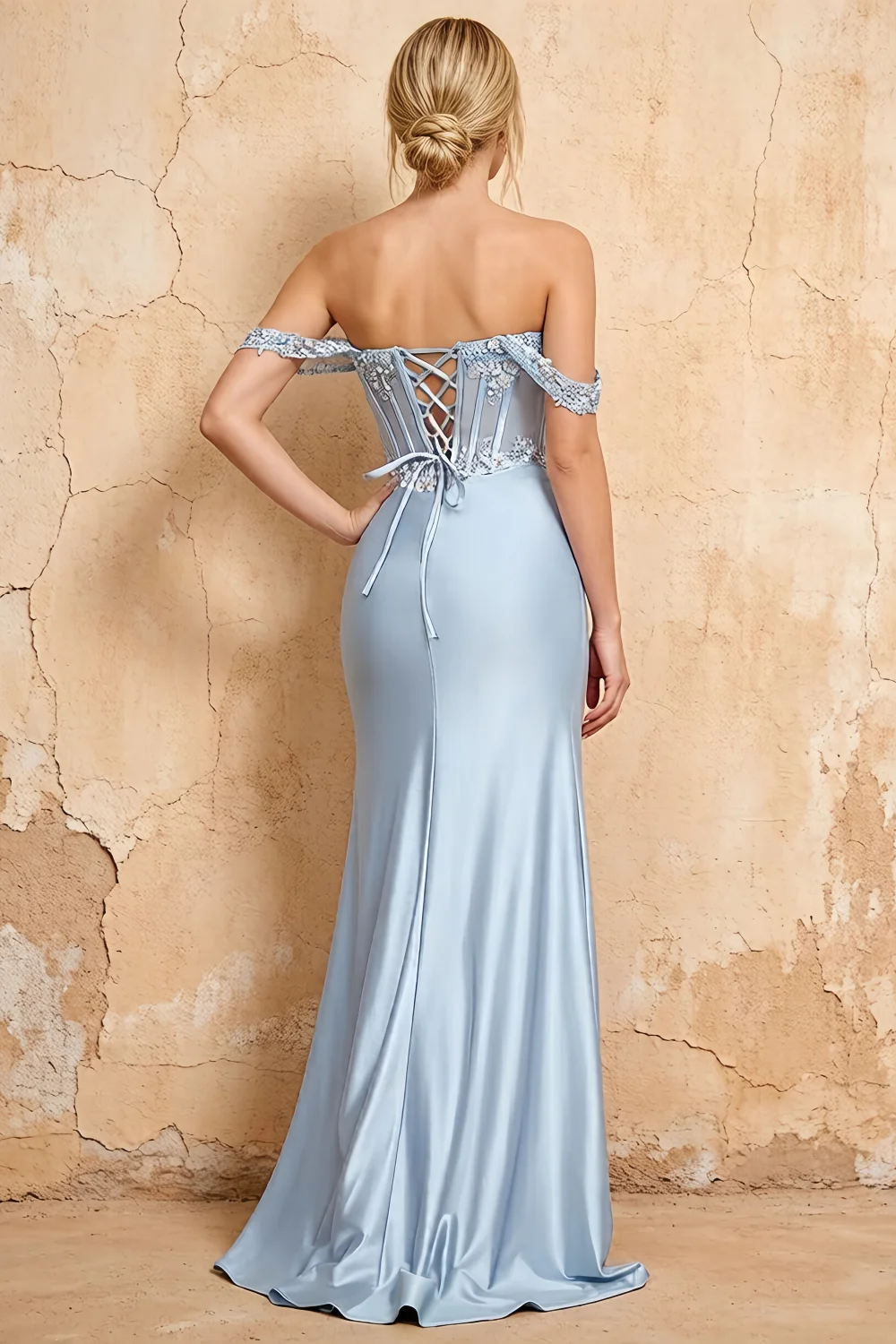 Letitia Blue Satin Rhinestones 3d Flower Maxi Dress