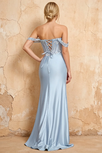 Letitia Blue Satin Rhinestones 3d Flower Maxi Dress