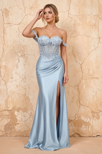 Letitia Blue Satin Rhinestones 3d Flower Maxi Dress