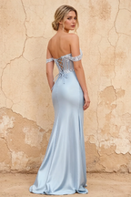 Letitia Blue Satin Rhinestones 3d Flower Maxi Dress