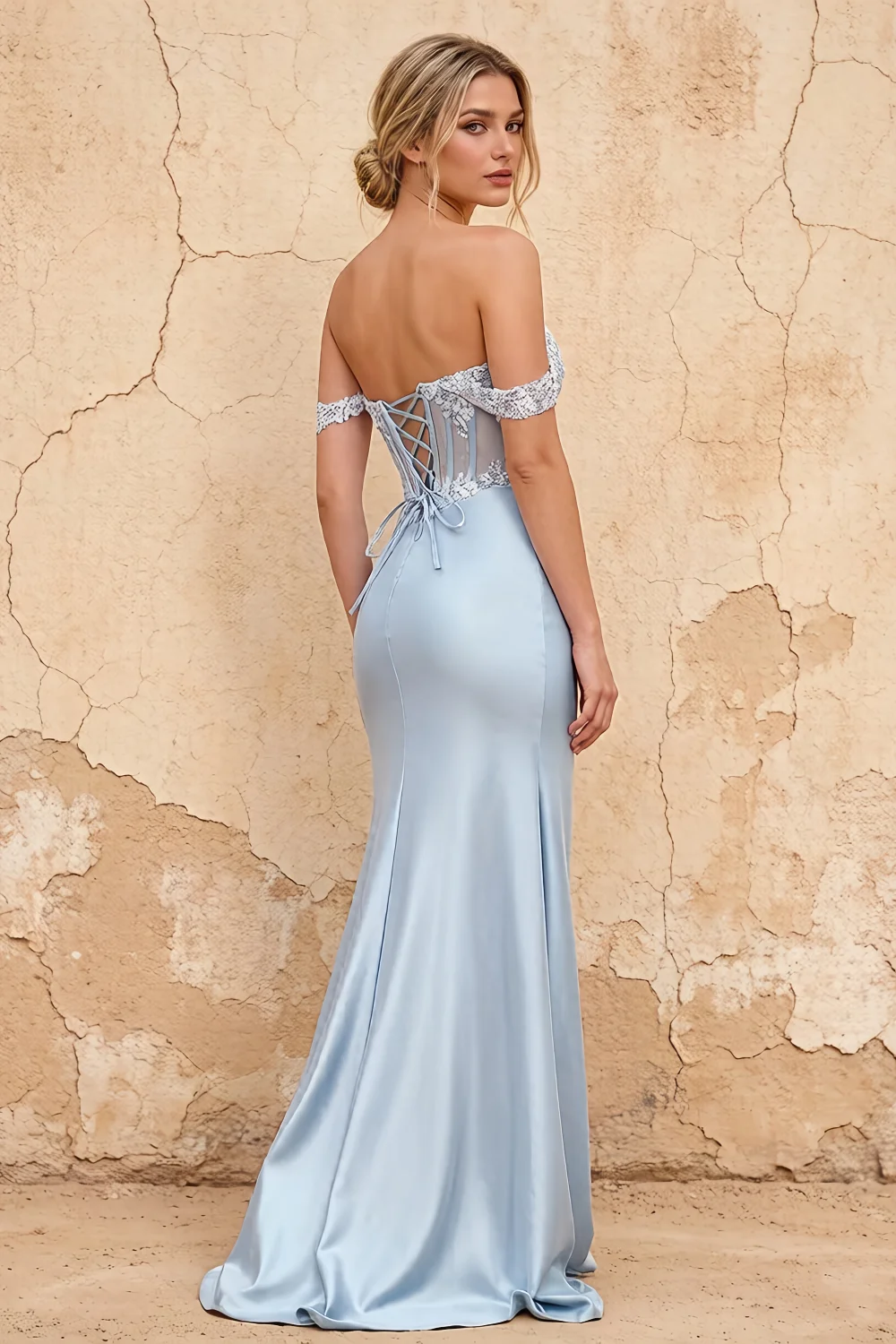 Letitia Blue Satin Rhinestones 3d Flower Maxi Dress