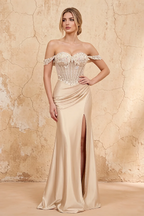 Letitia Champagne Satin Rhinestones 3d Flower Maxi Dress