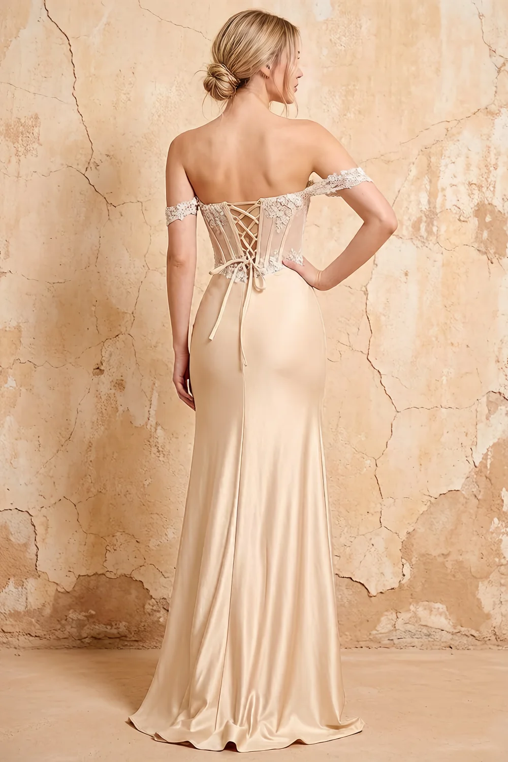 Letitia Champagne Satin Rhinestones 3d Flower Maxi Dress