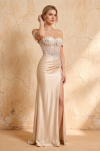 Letitia Champagne Satin Rhinestones 3d Flower Maxi Dress