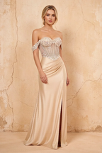 Letitia Champagne Satin Rhinestones 3d Flower Maxi Dress