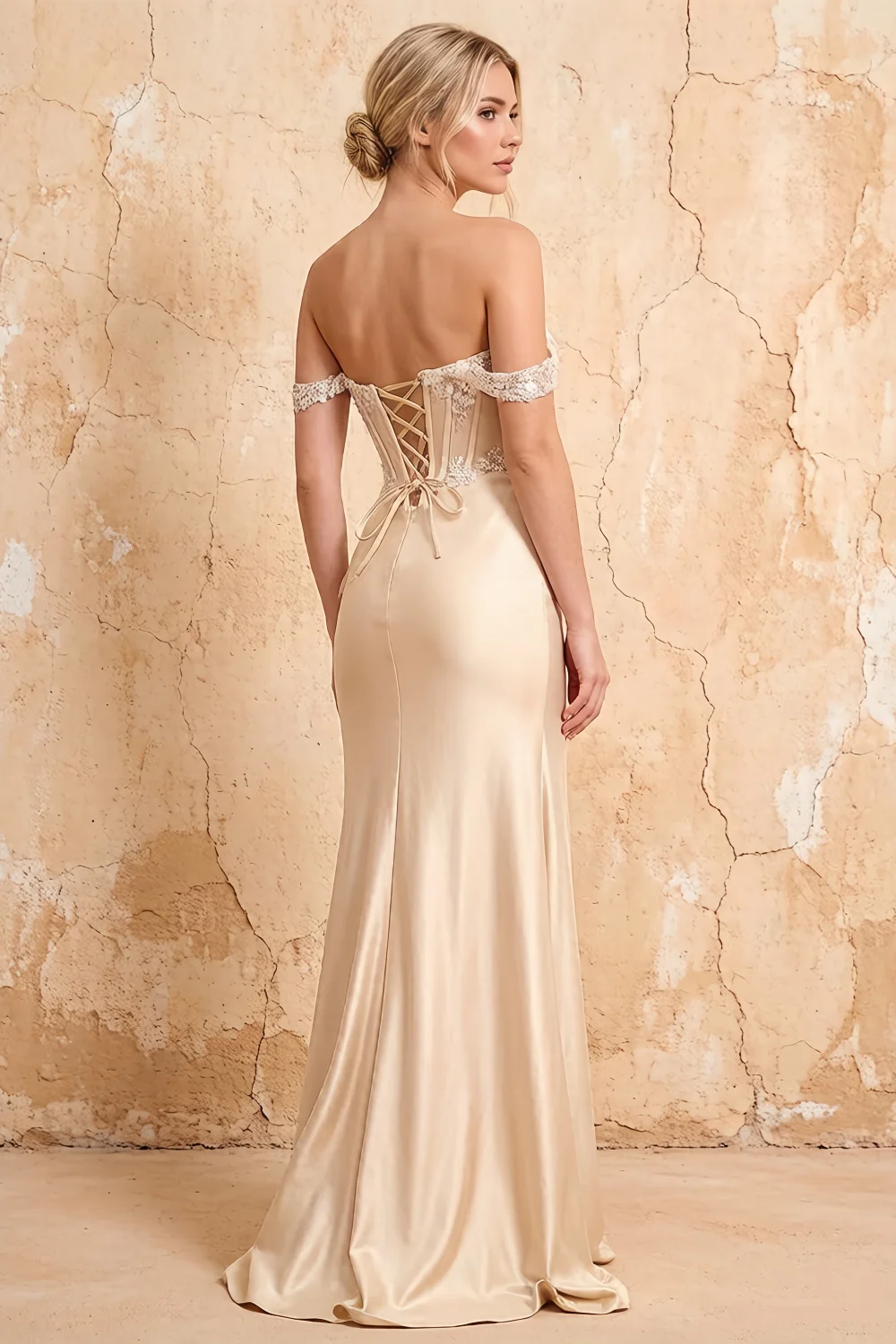 Letitia Champagne Satin Rhinestones 3d Flower Maxi Dress