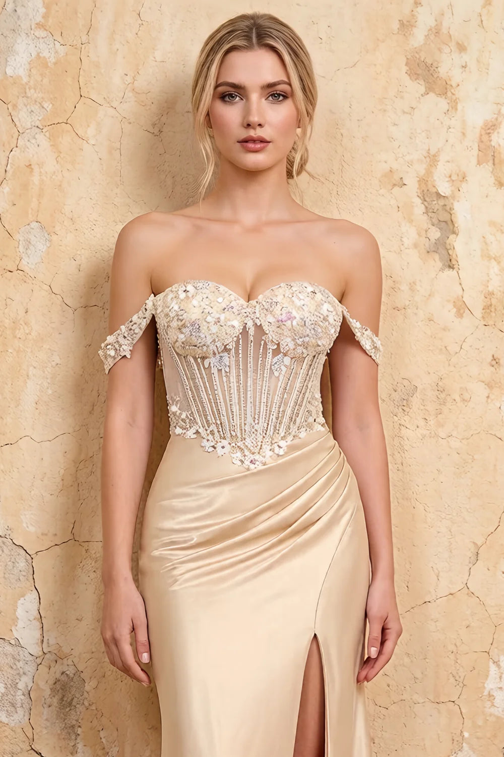 Letitia Champagne Satin Rhinestones 3d Flower Maxi Dress