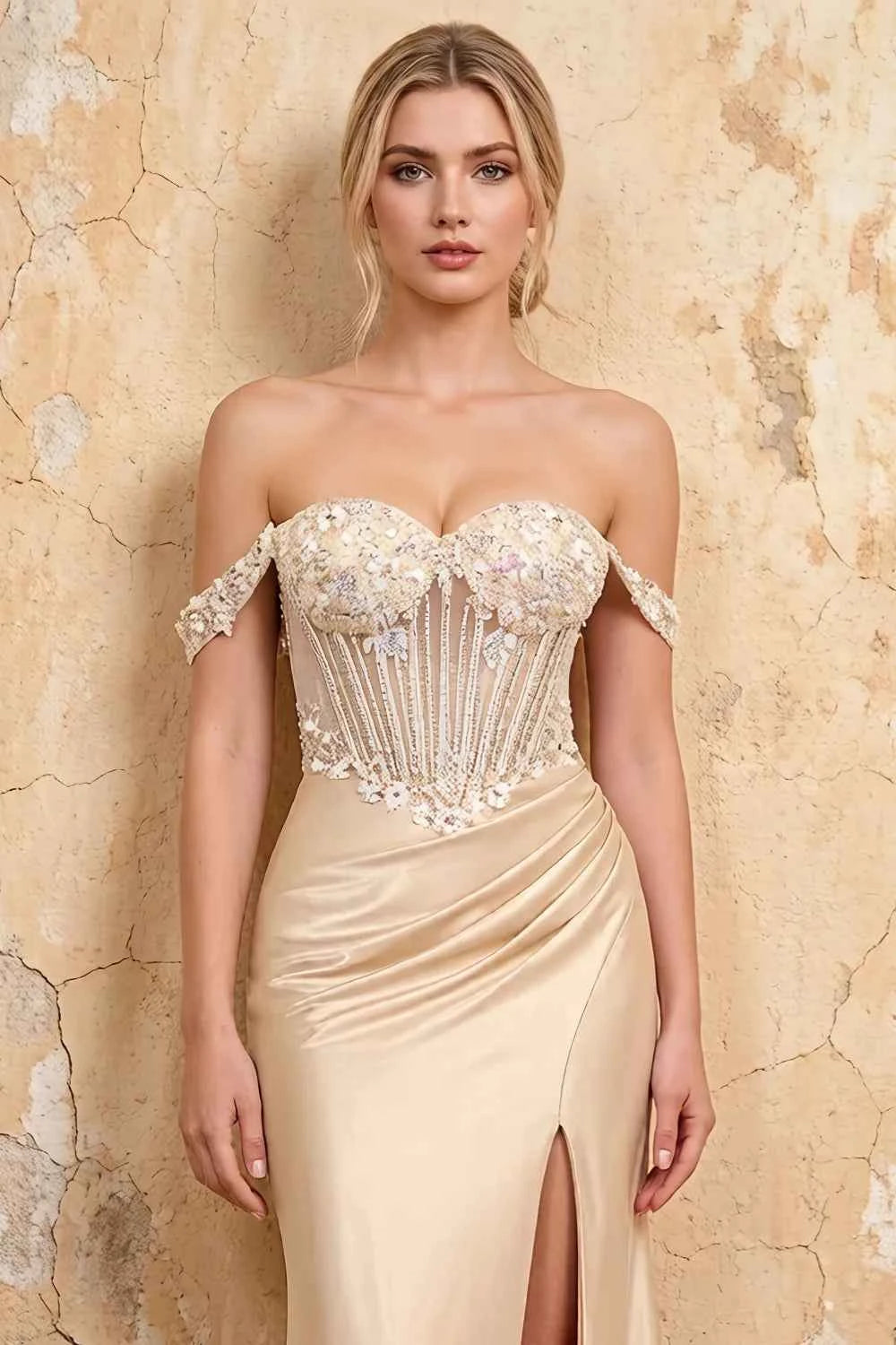Letitia Champagne Satin Rhinestones 3d Flower Maxi Dress