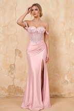 Letitia Pink Satin Rhinestones 3d Flower Maxi Dress