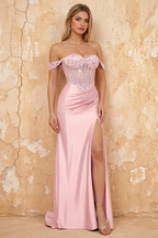 Letitia Pink Satin Rhinestones 3d Flower Maxi Dress