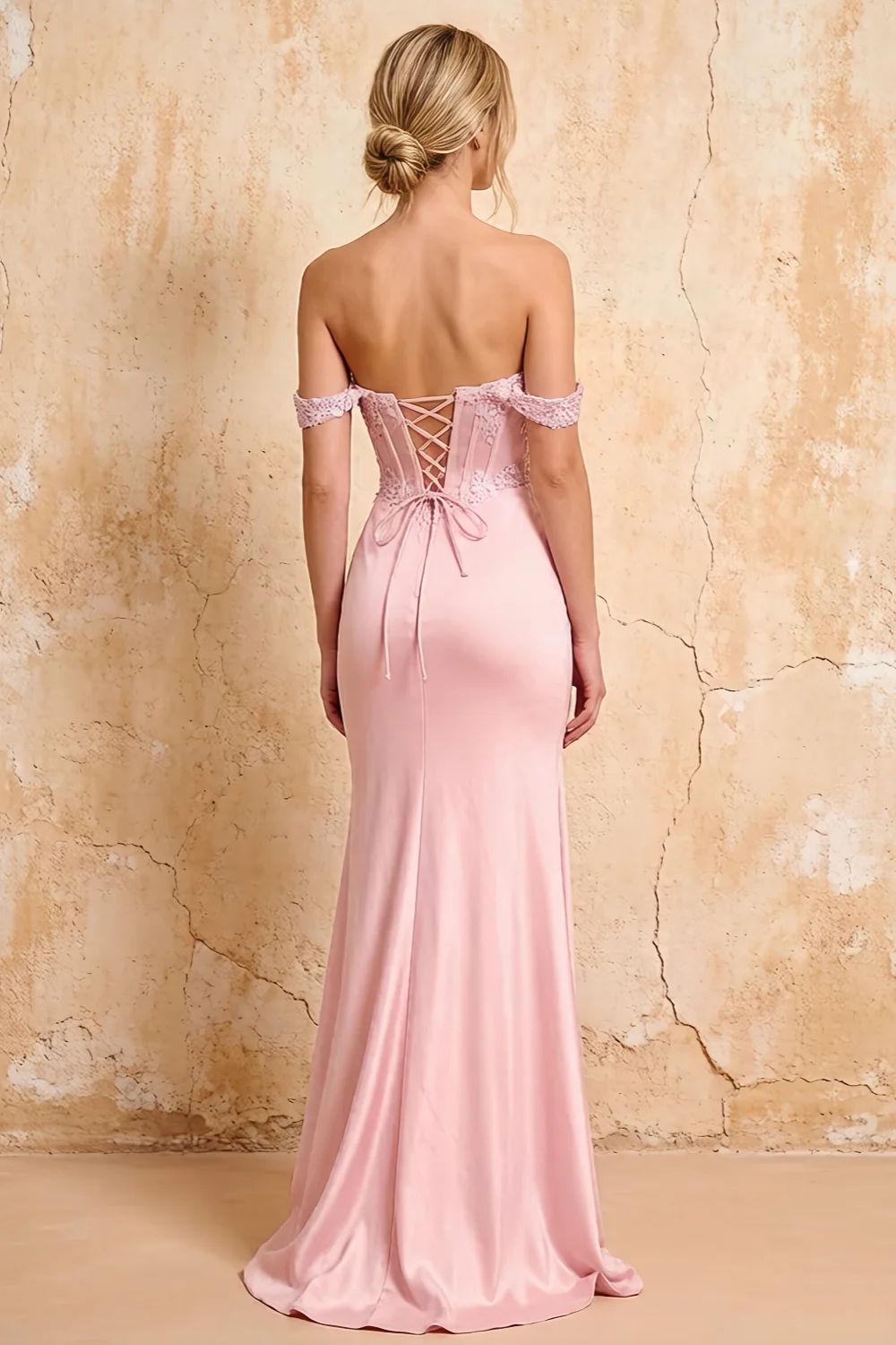 Letitia Pink Satin Rhinestones 3d Flower Maxi Dress