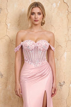 Letitia Pink Satin Rhinestones 3d Flower Maxi Dress