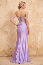 Letitia Purple Satin Rhinestones 3d Flower Maxi Dress