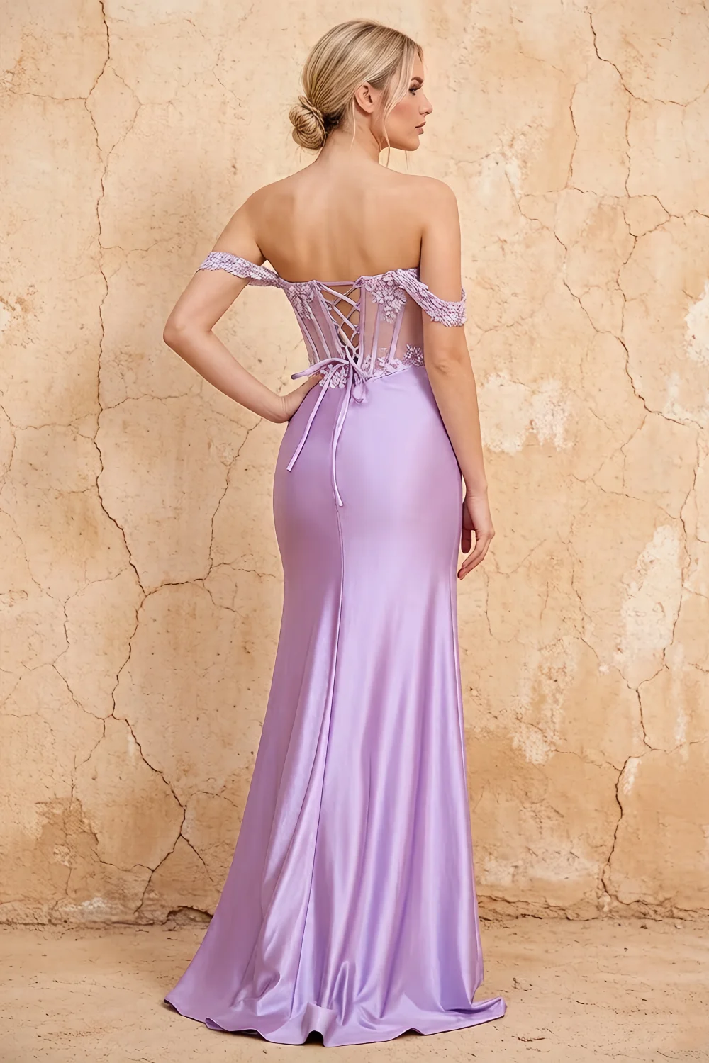 Letitia Purple Satin Rhinestones 3d Flower Maxi Dress